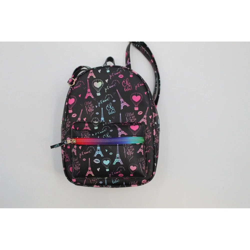 Paris Theme Mini Backpack Black Faux Leather Rainbow Zipper Eiffel Tower Print